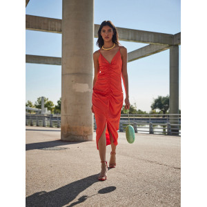 MATILDE ORANGE - VESTIDO MIDI TIRANTES FRUNCIDO CORDÓN...